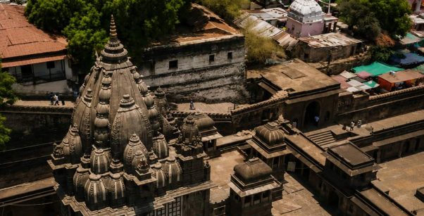 Ahilya Fort and historic Maheshwar Temple aerial view in Maheshwar Madhya Pradesh