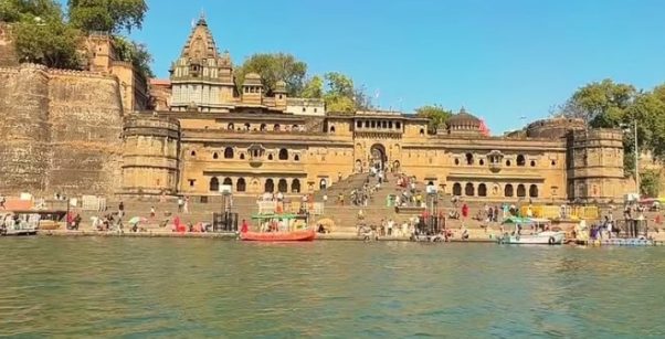 Maheshwar Fort and Narmada River viewed from a boat in Madhya Pradesh